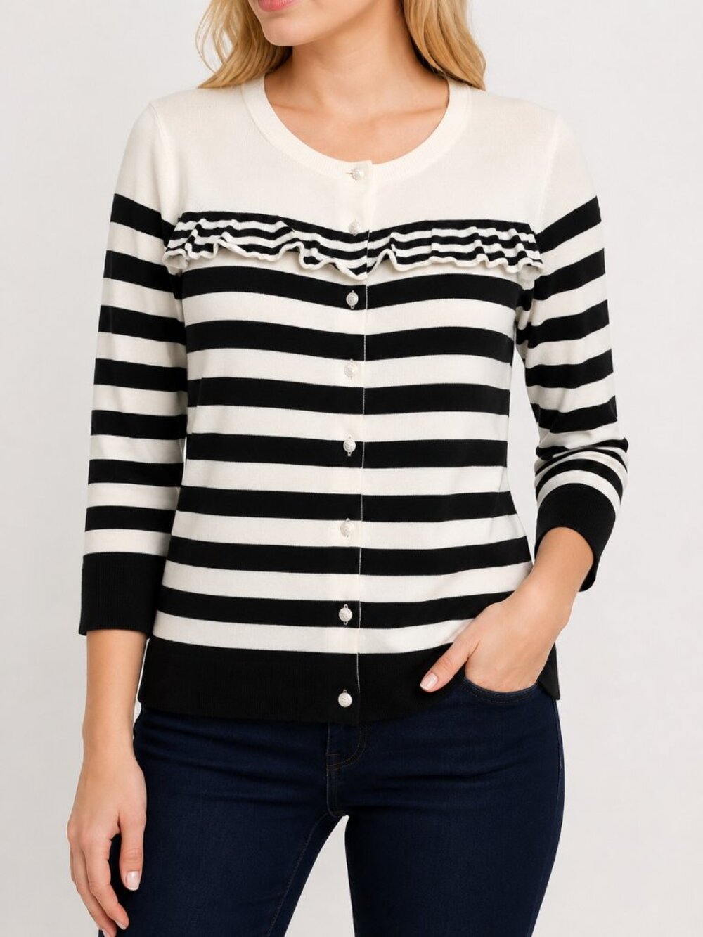 Talbots Black Ivory Ruffle Stripe Cardigan Medium Petite 3/4 Sleeve Cotton Blend